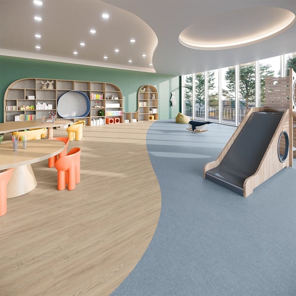 A children's playroom with carpet and wood floor