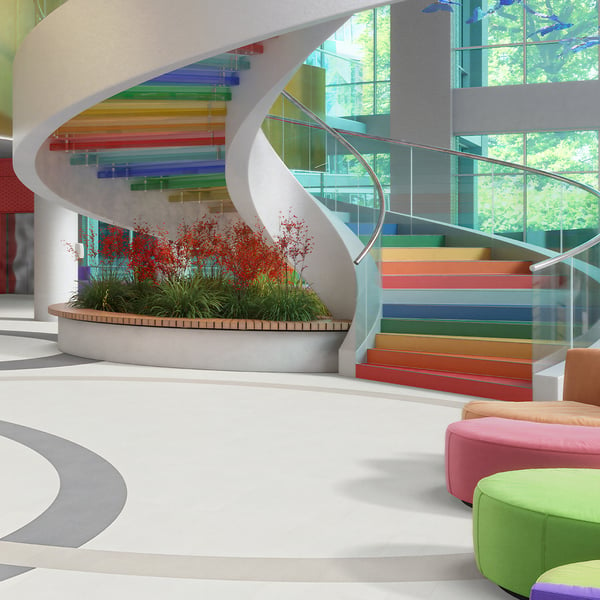 Large spiral staircase with rainbow steps