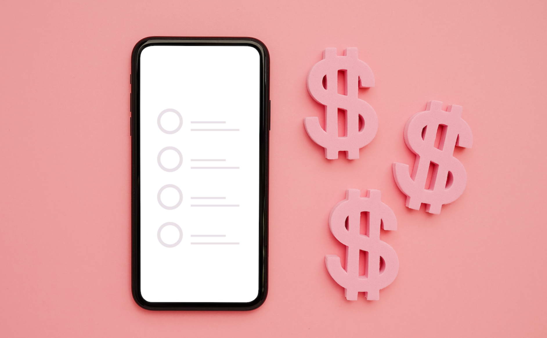 survey on mobile phone on pink background surrounded by American dollar symbols